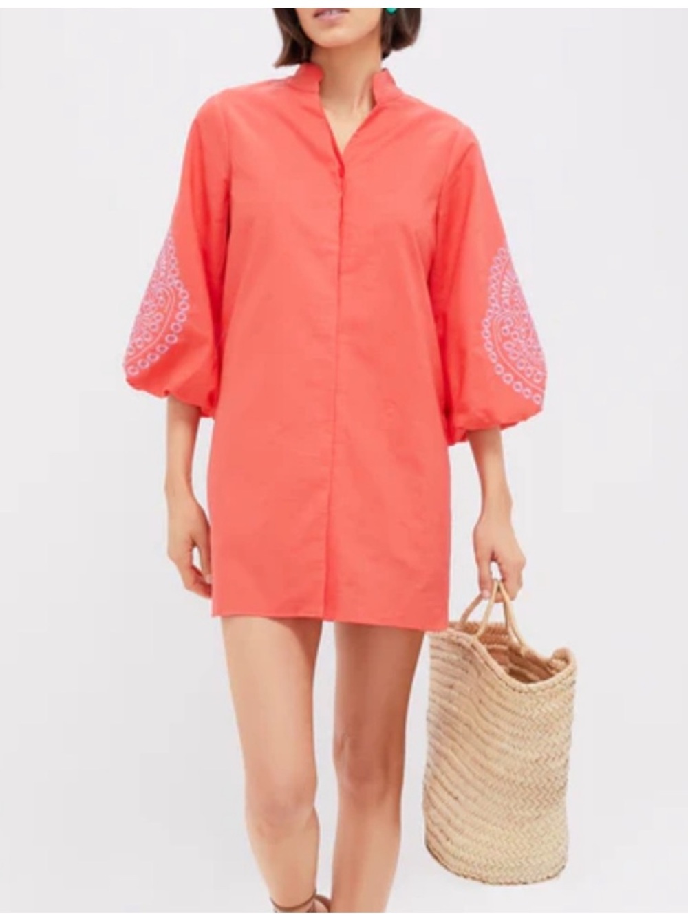 Hyacinth House TUCKERNUCK Medium Coral Mini Wyseria Embroidered Caftan Dress